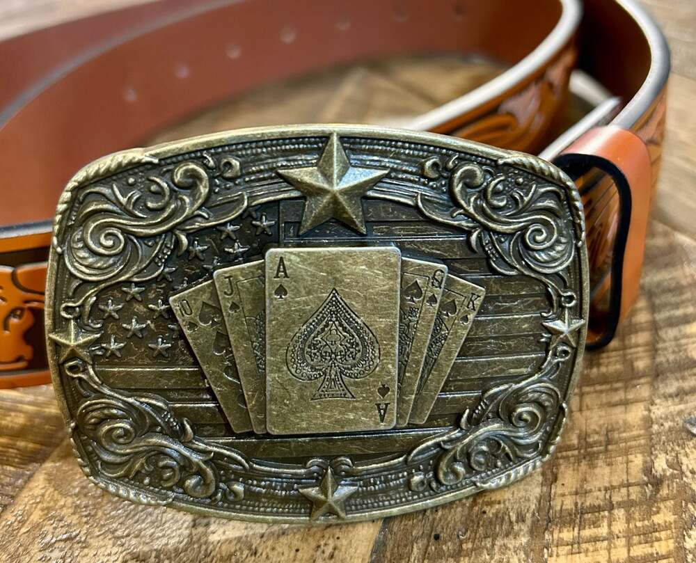 Western Style Poker Card and Bull Embossed Leather Belt